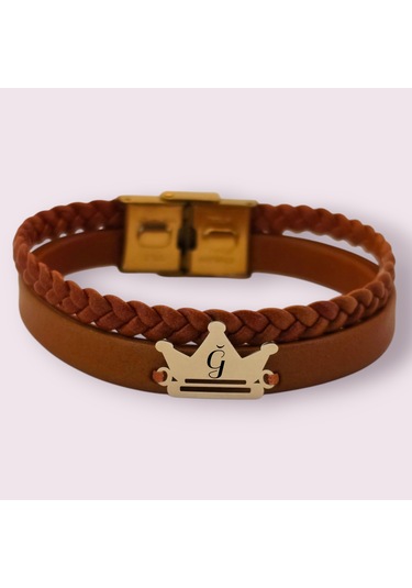 Archin Ğ Harfine Özel 14 Ayar Altın Plakalı Kahverengi Derili Taç Motifli Hediye Bileklik-467harf Ğ