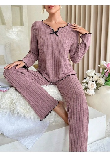 Snapbuy Kadın Kışlık Pijama Seti 2 Parça Uzun Kollu Üst Ve Pantolon Rahat Ev Kıyafetibej Bej