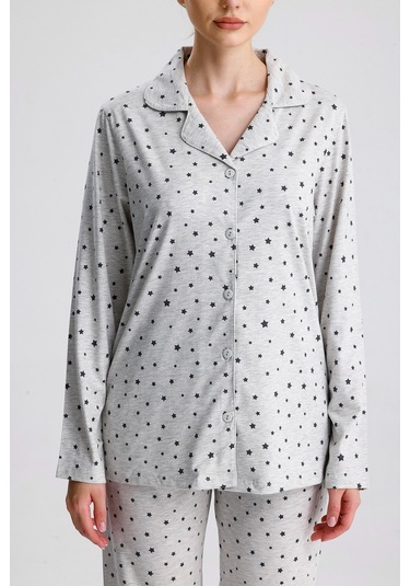 Yıldız Desen Pamuk Kadın Pijama Takım Gri