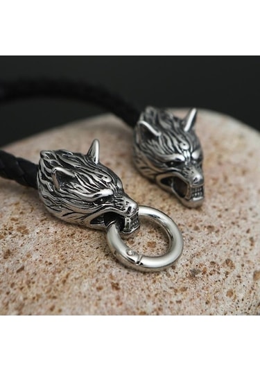 Novahub Çelik Paslanmaz Viking Odin Kurt Kafası İskandinav Erkek Bilezik, Deri Ve Çelik Takı, Punk Tılsım Hediye Çok Renkli