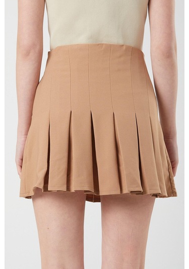 4155 Kadın Zincir Detay Pileli Mini Etek Vizon Vizon