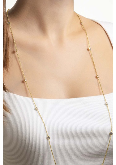 Beyaz Taşlı 18 Ayar Sarı Altın Kaplama 90 Cm Gümüş Kolye Sarı