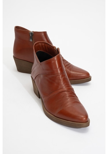 Rule Koyu Taba Hakiki Deri Kadın Kalın Topuklu Bot Koyu Taba