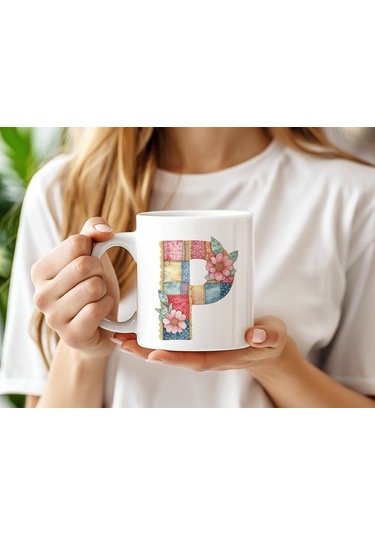 P Harfli Retro Çiçekli Kupa Bardak - Patchwork Tarz Yamalı Desenli İsme Özel Kupa - Hediye 07 Beyaz
