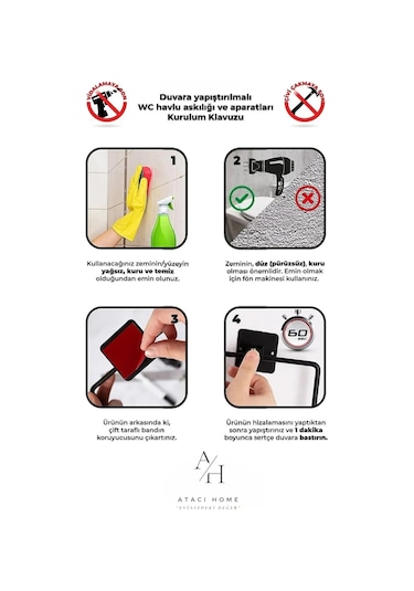 Atacı Atacı Paslanmaz 3'lü Set Yapışkanlı Banyo Düzenleyci Duşakabin Şampuanlk Kanca Rafı Wc Kağıtlk Ve Havluluk Siyah