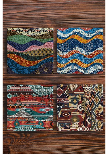 Baskılı Doğaltaş Bardak Altlığı 4'lü Set - Doğal Taş Bardak Altı Çok Renkli