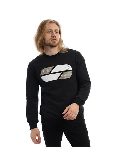 Erkek Polo State Baskılı Bisiklet Yaka Sweat Siyah