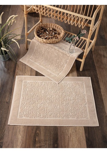2'li Damask Desenli & %100 Pamuk Ayak Havlusu Cappuccino