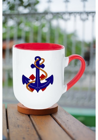 Denizci Çıpa Baskılı İçi Kırmızı Lüx Kupa Bardak Porselen Çay Kahve Fincanı-9 Kırmızı