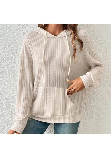 Gmxıa Kadın Modası Rahat Düz Renk Baskı Sonbahar Kış Uzun Kollu Kapşonlu Gevşek Pit Kanguru Cepli Kapşonlu Yeşil