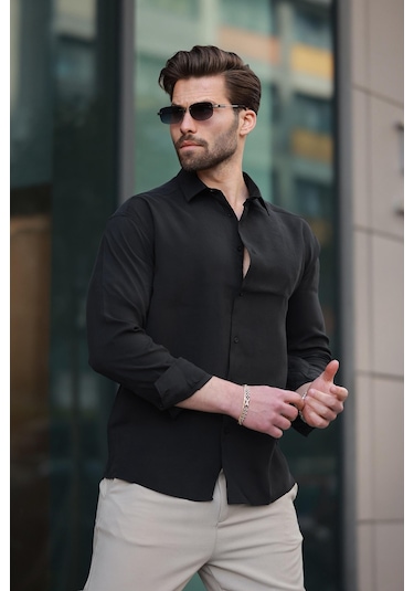 Madmext Siyah Basic Uzun Kollu Erkek Gömlek E6762 Siyah