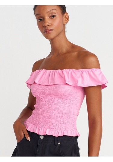Dilvin 31902 Omuzları Açık Fırfırlı Top-pembe Pembe