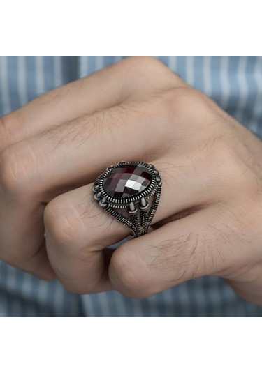 Oval Kırmızı Taşlı 925 Gümüş Erkek Yüzük