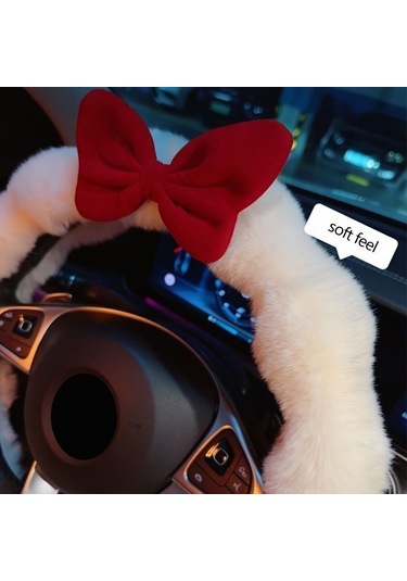 Fiyonklu Yumuşak Peluş Kış Direksiyon Kılıfı Beyaz