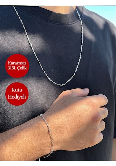 Nexus Model İthal Premium 316l Çelik Kolye Ve Bileklik Seti Kutu Hediyeli Gümüş