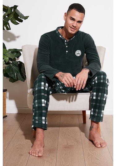 Buratti Ekoseli Regular Fit Düğmeli Bisiklet Yaka Kışlık Polar Erkek Pijama Takımı 60961002 Yeşil