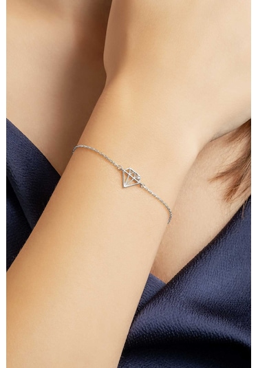 So Chic Elmas İkonlu 18 Ayar Beyaz Altın Kaplama 19 Cm Gümüş Bileklik Rodyum