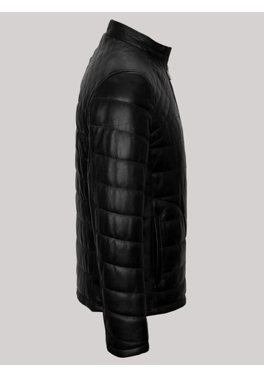 Hakiki Kuzu Derisi Siyah Erkek Deri Mont Işlemeli Fermuarlı Deri Ceket Siyah