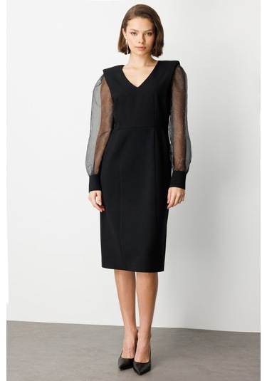 Ekol Kadın Kolları Taşlı V Yaka Midi Elbise 4025 Siyah Siyah