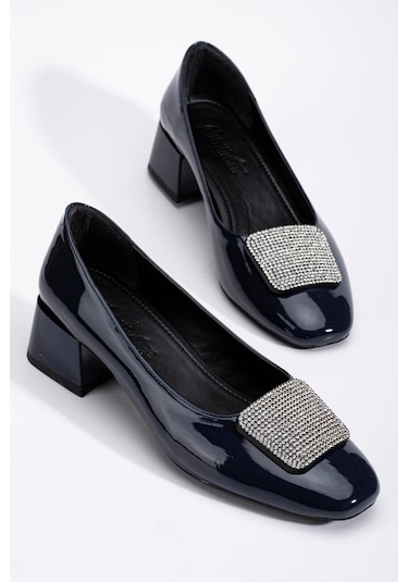 Büyük Numara Rugan Kare Taşlı Lacivert Kadın Kısa Topuklu Ayakkabı-3256 Lacivert