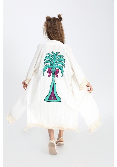 Kimono Palmiye Baskılı Püsküllü - Ekru-ekru Ekru