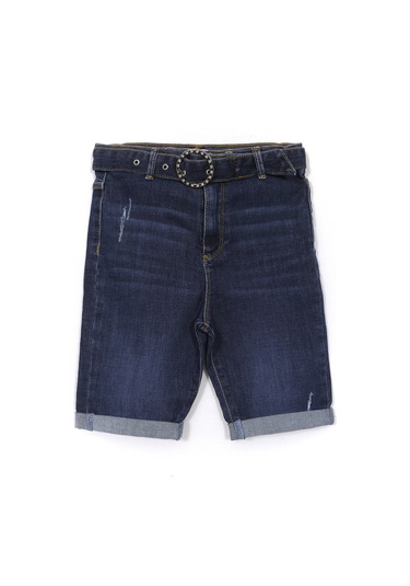 Tokalı Kemer Detaylı Likralı Duble Paça Kız Çocuk Kot Şort Lacivert 1959 Lacivert