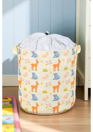 İronika Animals Büzgülü Sepet Oyuncak Çamaşır Havlu Sepeti Yuvarlak Temiz Kirli Çamaşır Sepeti Sarı
