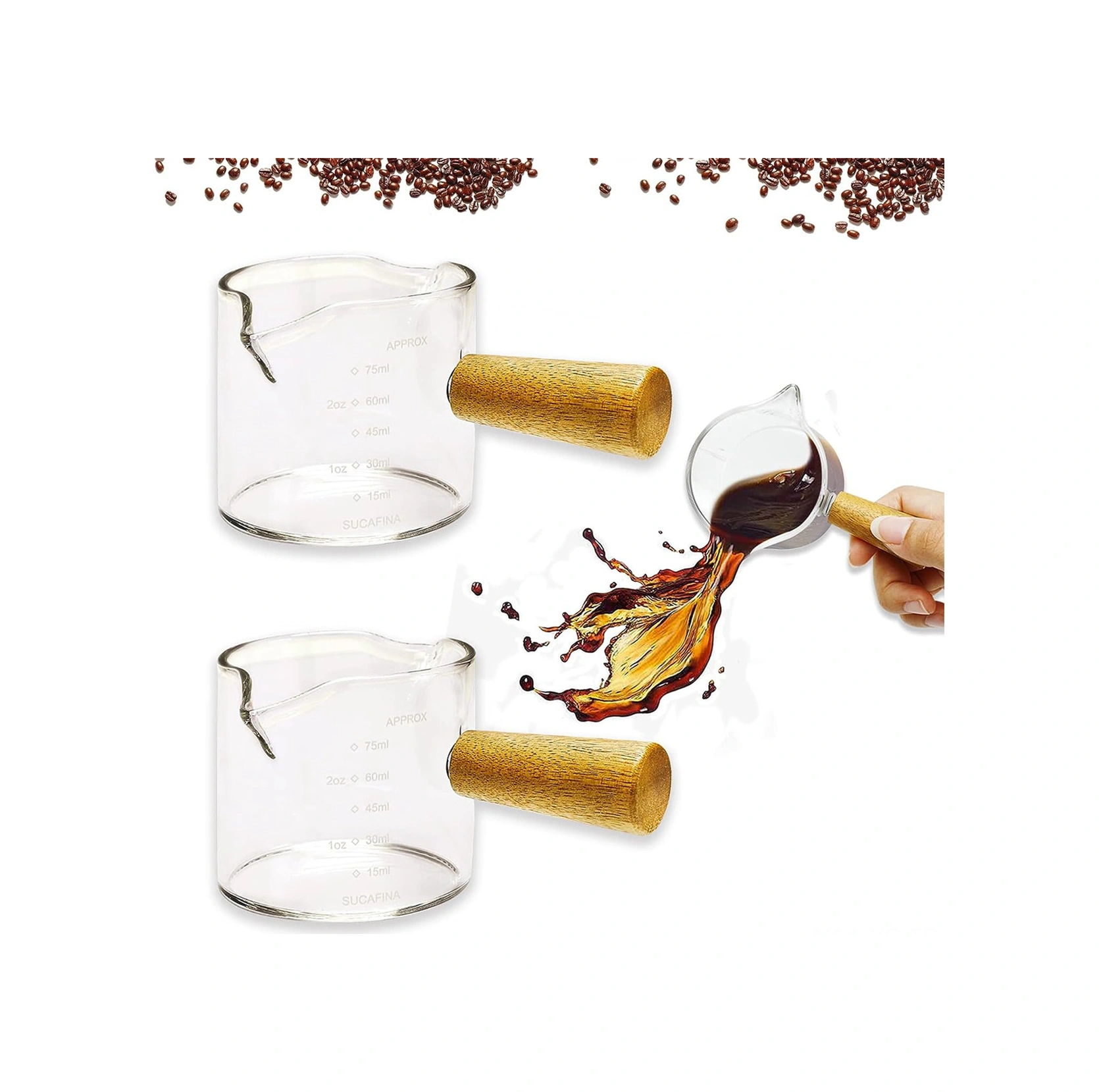 Yunboo 75 Ml Cam + Ahşap İki Ağızlı Espresso Ölçü Bardağı, Isı Yalıtımı Ahşap Saplı, Dökülmeyen, Net Ölçekli 2 Adet Şeffaf