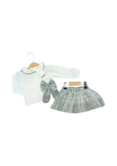 Kız Bebek Bebe Yaka Sweat Tüllü Etekli Takım-13553 Gri