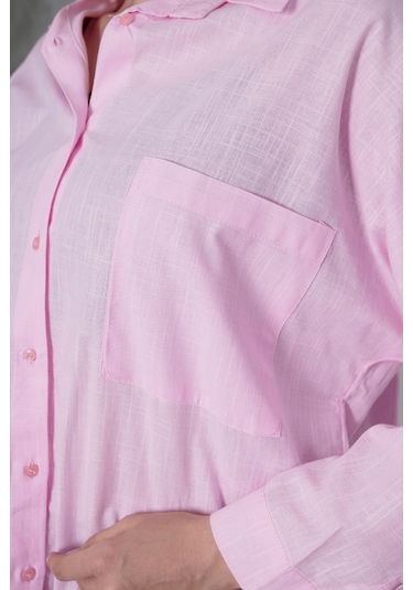 Paw Garage Kadın London Keten Tek Cepli Oversize Gömlek, Premium Kalite Keten Gömlek Pembe