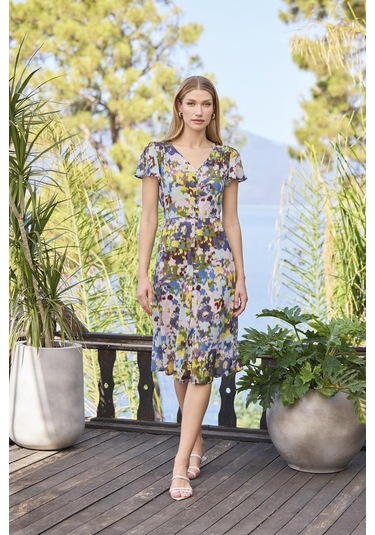 Monamise Kadın Desenli Önü Düğmeli Kısa Kollu V Yaka Elbise 25049 Mor