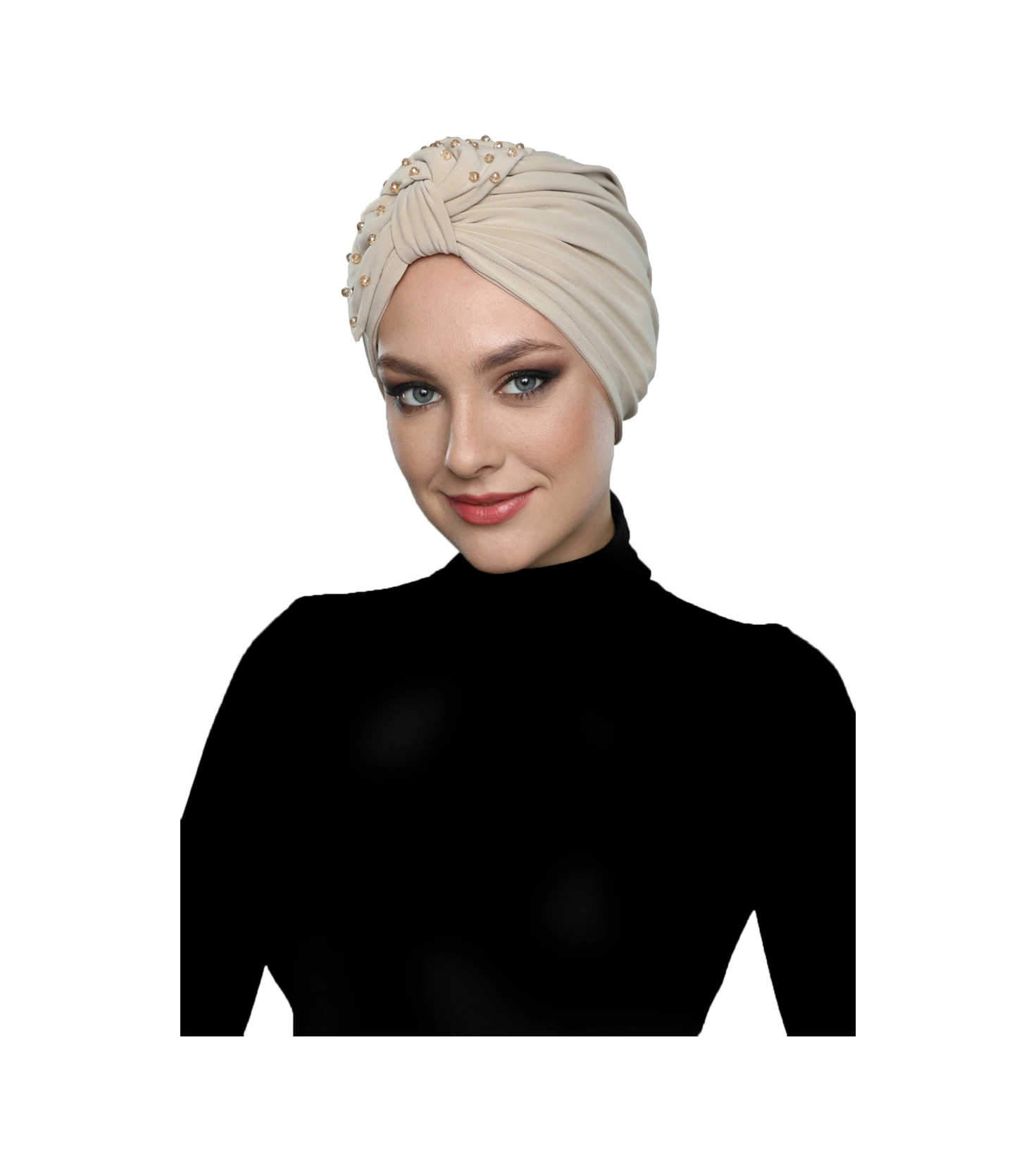 Kristal Yelpaze Taş Işlemeli Çift Taraflı Astarlı Bej Hazır Türban Tesettür Abiye Bone Bej
