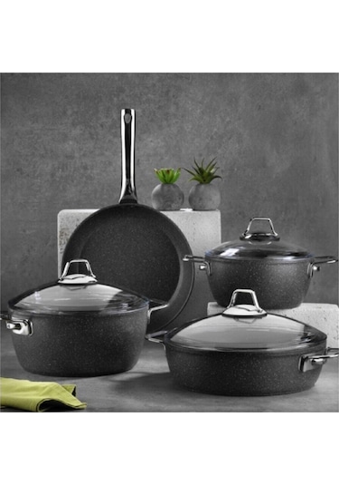 Falez Black Line 7 Parça Granit Tencere Seti Siyah
