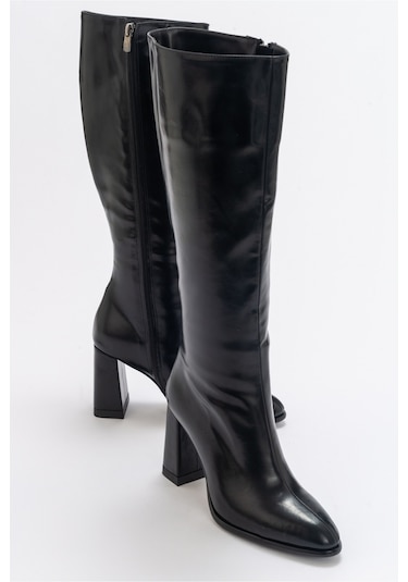 Luvishoes Decer Siyah Cilt Kadın Topuklu Çizme Siyah