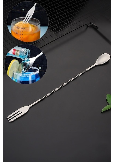 304 Çelik 32 Cm Çatallı Kokteyl Karıştırma Barmen Kaşığı Cin582 Gri