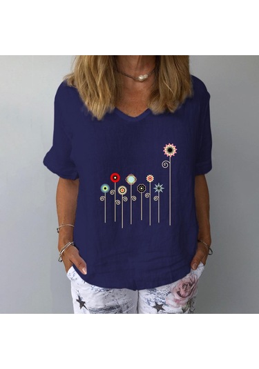 Kadın Modası Günlük Yaz Kısa Kollu O-boyun Bluzlar Ve Gömlekler Lacivert