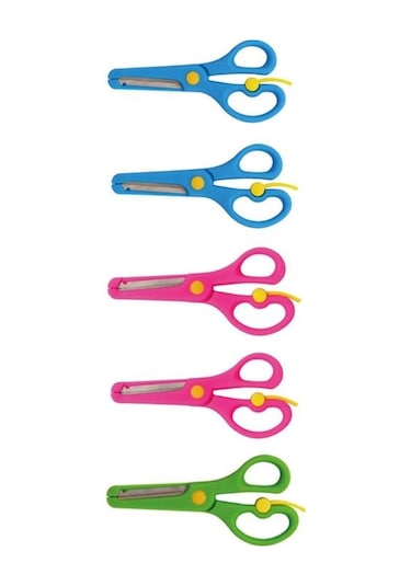 Neon Plastik Korumalı Küt Uçlu Yaylı Çocuk Okul Makası 5 Li Set