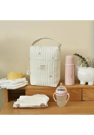 Yaprak Desenli Organızer Bebek Çantası Krem