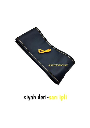 Universal 10 Adet Deri Dikmeli Direksiyon Kılıfı Soft Siyah Deri-Sarı İpli (38×10CM)