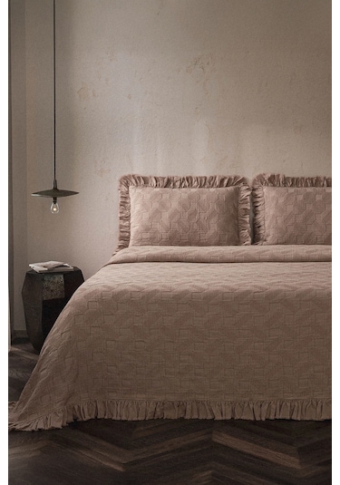 Ecocotton Tanya Pudra %100 Organik Pamuk Çift Kişilik Pike Yatak Örtüsü Takımı Pudra