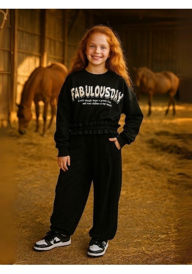 Kız Çocuk 3 İplik Beli Fırfır Detaylı Oversize Tasarım Eşofman Takımı-16171 Siyah