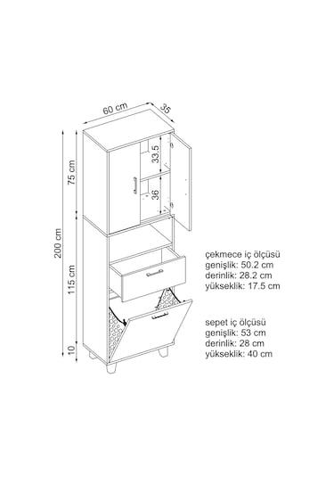 Çamaşır Sepetli Banyo Dolabı, Çok Amaçlı Çekmeceli Dolap 60 X 200 Mat Beyaz