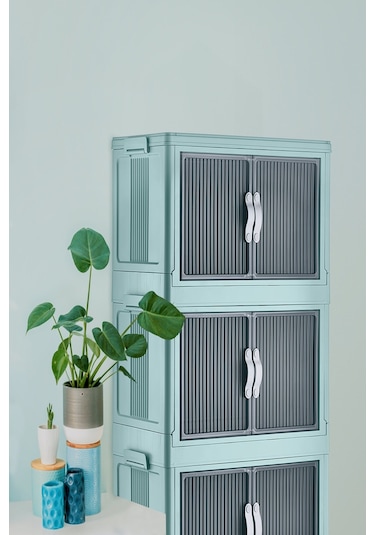 Çok Amaçlı Kapaklı Portatif İstiflenebilir Tekerlekli Organizer Dolap Mavi Mavi