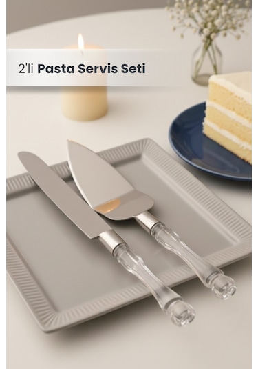 2'li Kristal Saplı Pasta Servis Seti Spatula Bıçak Sunum Servis Seti