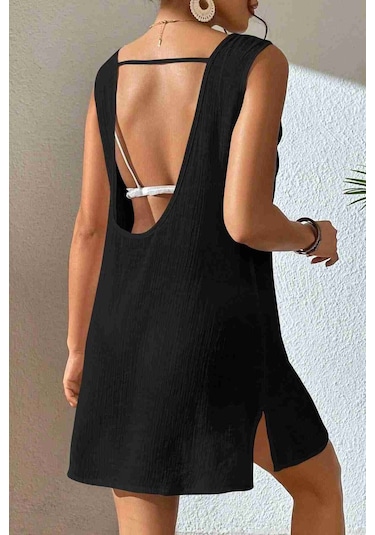 Angelsin Sırt Dekolteli Yırtmaçlı Pareo Plaj Elbisesi Siyah 001