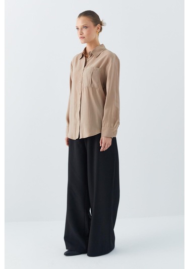 4628 Kadın Cep Detaylı Modal Gömlek Toprak Toprak