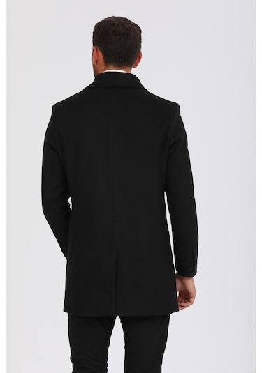 Erkek Siyah Dar Kesim Yün Karışımlı Kaşe Gömlek Yaka Palto Kaban Siyah