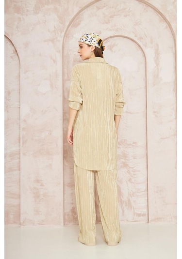 Kadın Pliseli Beli Lastikli Pantolon Tunik Gömlek Ikili Bürümcük Salaş Takım 3573300 Sarı