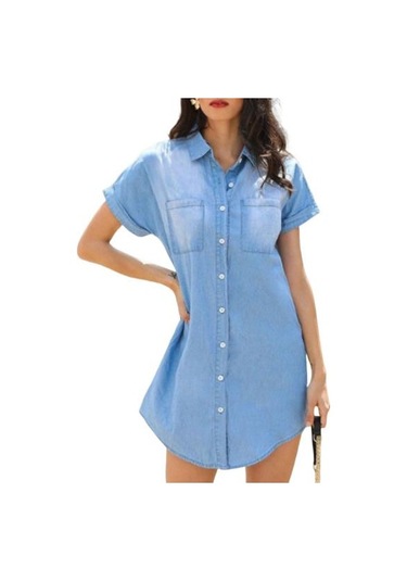 Gündelik Elbise Trendy Sokak Stili Ten-dokunmatik Popüler Sahte Denim Mini Elbise Bayan Konfeksiyon Mavi