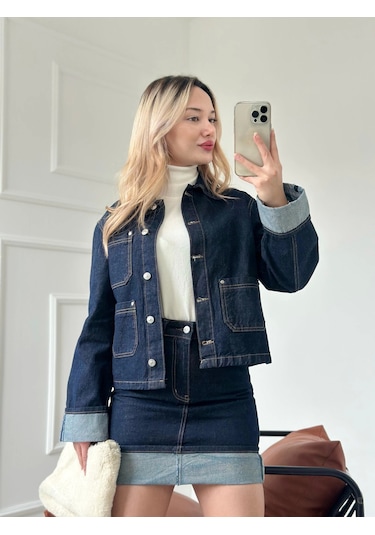 Keymoda Kadın Denim Etek Ceket Takım Mavi Mavi